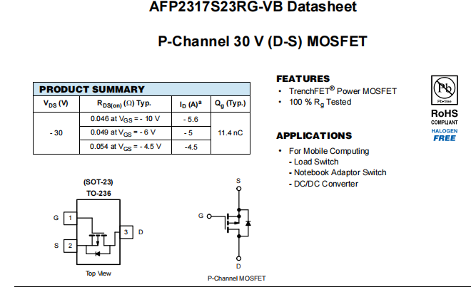 AFP2317S23RG-VB一种P—Channel沟道SOT23封装MOS管