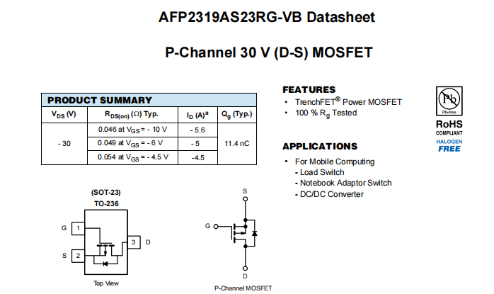 AFP2319AS23RG-VB一种P—Channel沟道SOT23封装MOS管