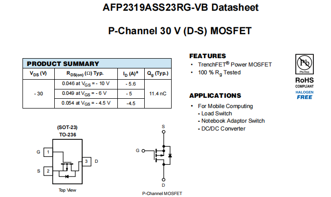 AFP2319ASS23RG-VB一种P—Channel沟道SOT23封装MOS管