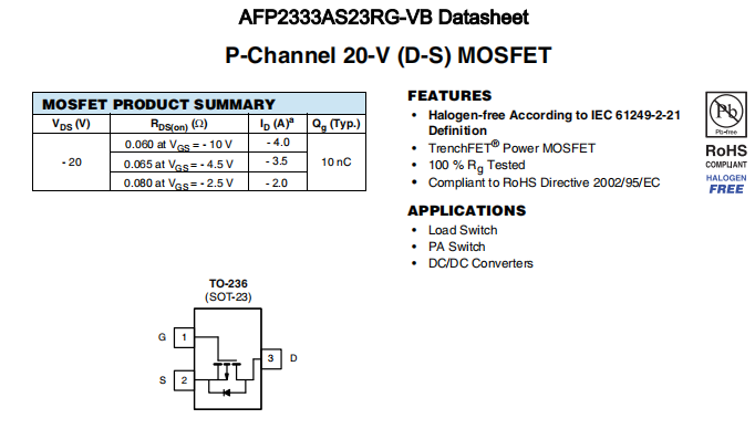 AFP2333AS23RG-VB一种P—Channel沟道SOT23封装MOS管