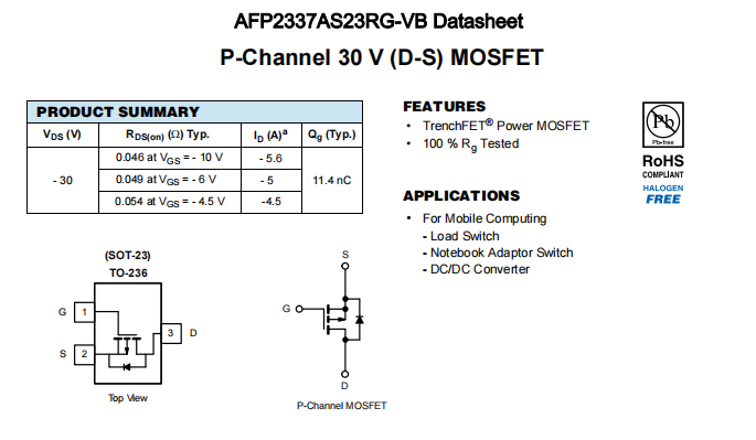 AFP2337AS23RG-VB一种P—Channel沟道SOT23封装MOS管