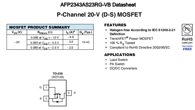 AFP2343AS23RG-VB一种P—Channel沟道SOT23封装MOS管