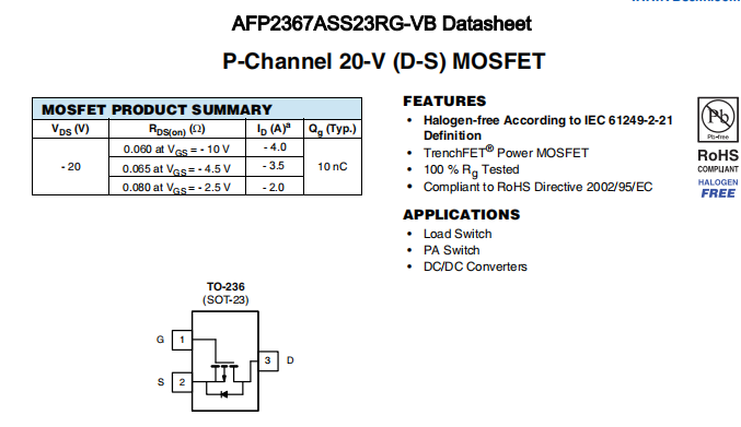 AFP2367ASS23RG-VB一种P—Channel沟道SOT23封装MOS管