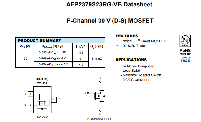 AFP2379S23RG-VB一种P—Channel沟道SOT23封装MOS管