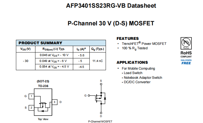 AFP3401SS23RG-VB一种P—Channel沟道SOT23封装MOS管