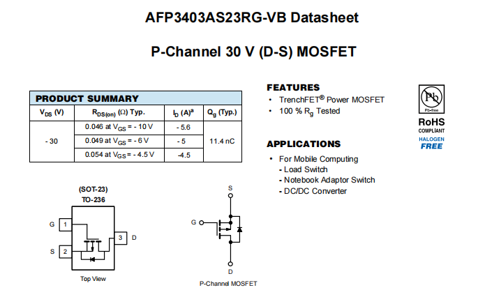 AFP3403AS23RG-VB一种P—Channel沟道SOT23封装MOS管