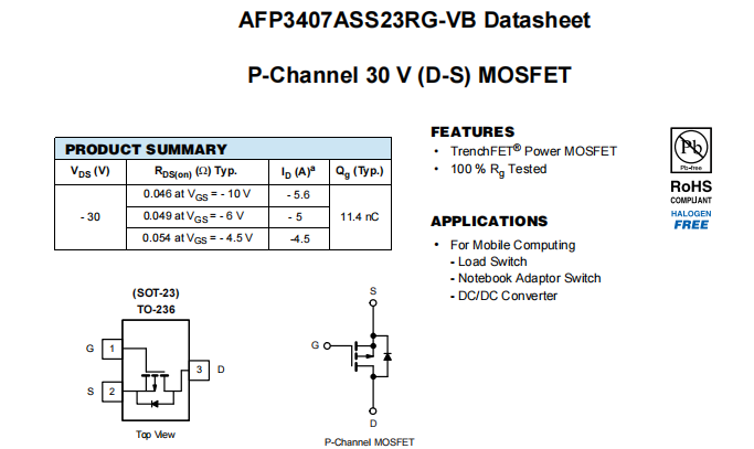 AFP3407ASS23RG-VB一种P—Channel沟道SOT23封装MOS管