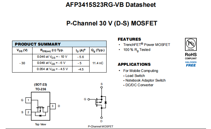 AFP3415S23RG-VB一种P—Channel沟道SOT23封装MOS管