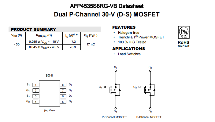 AFP4535S8RG-VB一种2个P—Channel沟道SOP8封装MOS管