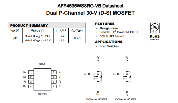 AFP4535WS8RG-VB一种2个P—Channel沟道SOP8封装MOS管