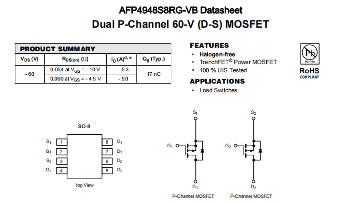 AFP4948S8RG-VB一种2个P—Channel沟道SOP8封装MOS管