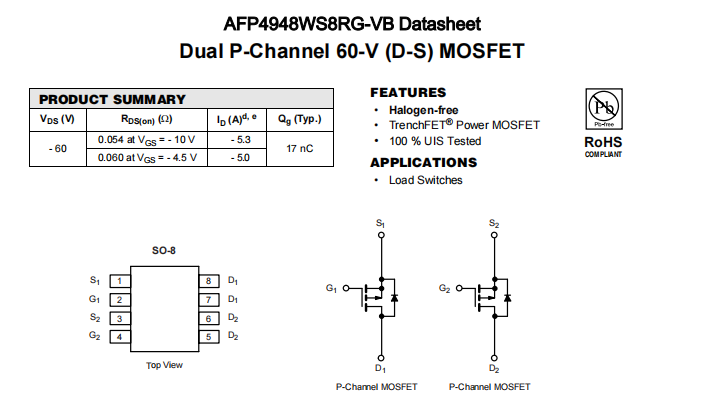 AFP4948WS8RG-VB一种2个P—Channel沟道SOP8封装MOS管