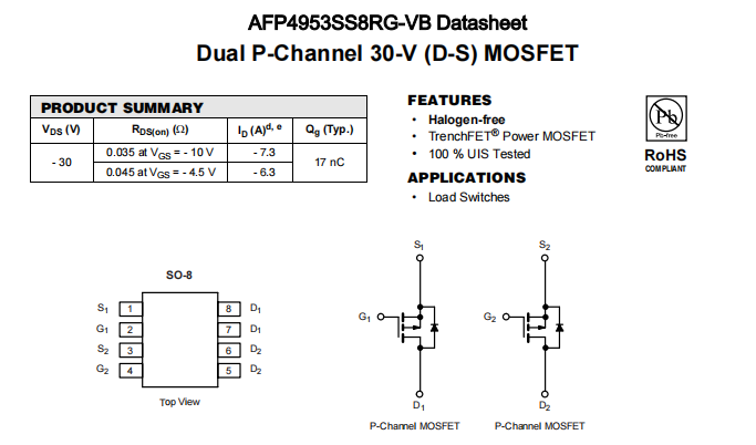 AFP4953SS8RG-VB一种2个P—Channel沟道SOP8封装MOS管