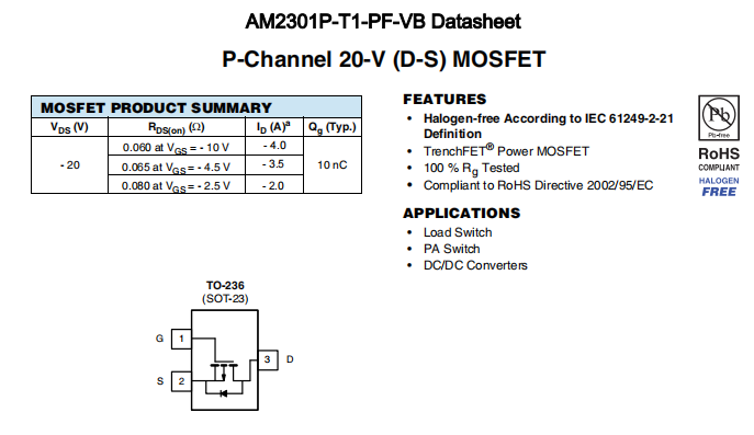 AM2301P-T1-PF-VB一种P—Channel沟道SOT23封装MOS管