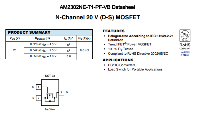 AM2302NE-T1-PF-VB一种N—Channel沟道SOT23封装MOS管