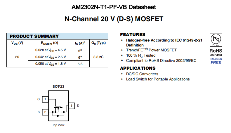 AM2302N-T1-PF-VB一种N—Channel沟道SOT23封装MOS管