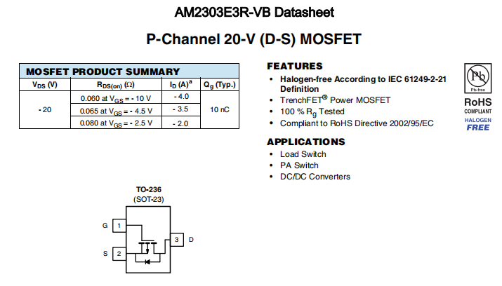 AM2303E3R-VB一种P—Channel沟道SOT23封装MOS管