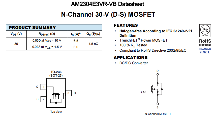 AM2304E3VR-VB一种N—Channel沟道SOT23封装MOS管