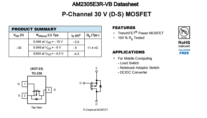 AM2305E3R-VB一种P—Channel沟道SOT23封装MOS管