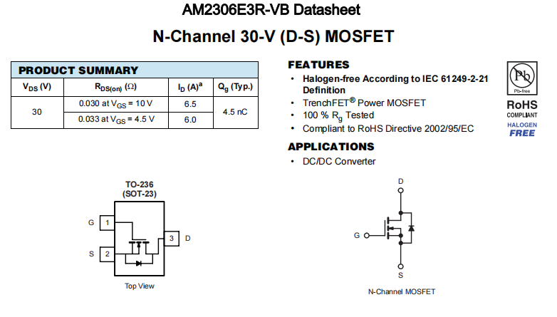 AM2306E3R-VB一种N—Channel沟道SOT23封装MOS管