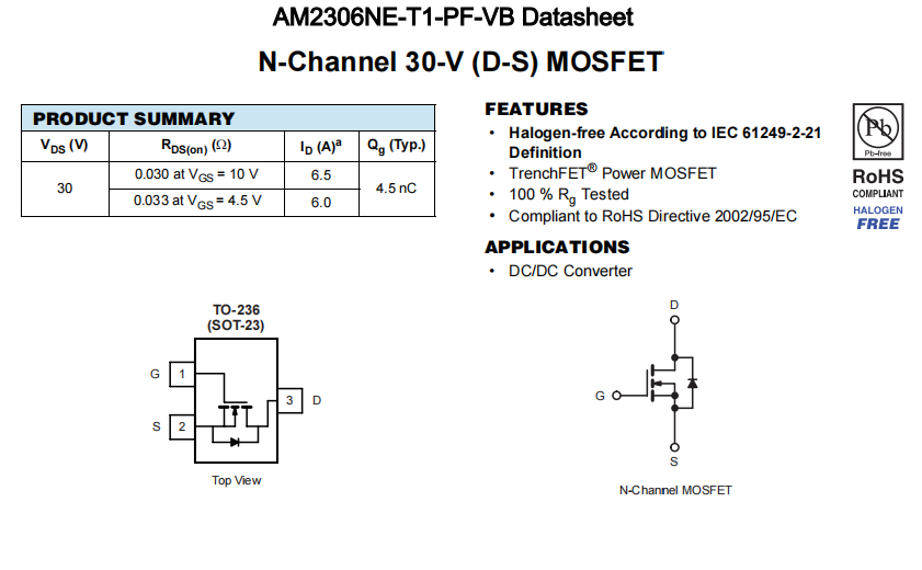 AM2306NE-T1-PF-VB一种N—Channel沟道SOT23封装MOS管