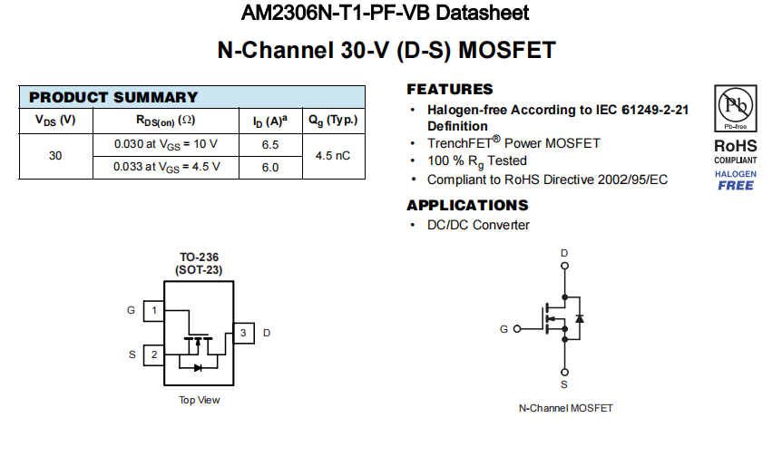 AM2306N-T1-PF-VB一种N—Channel沟道SOT23封装MOS管