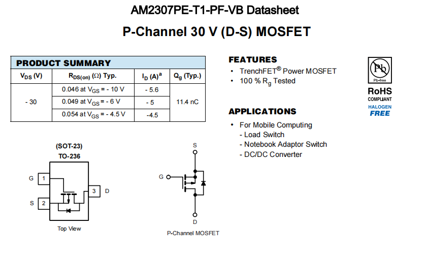 AM2307PE-T1-PF-VB一种P—Channel沟道SOT23封装MOS管