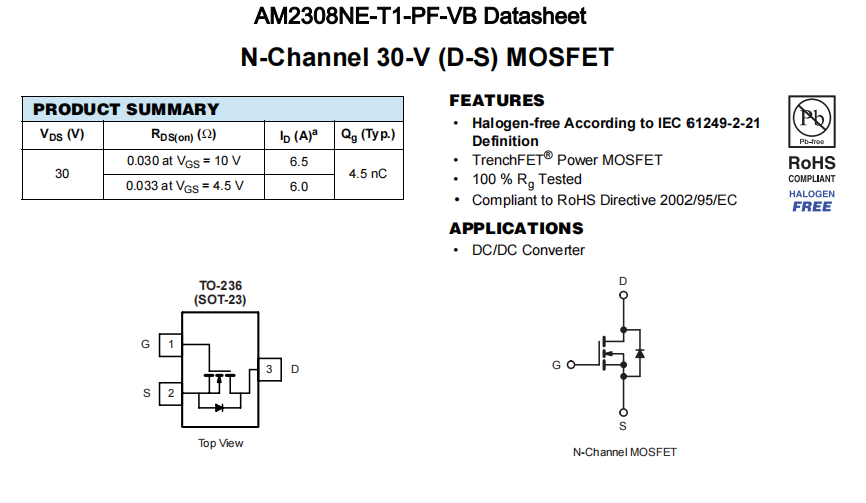 AM2308NE-T1-PF-VB一种N—Channel沟道SOT23封装MOS管