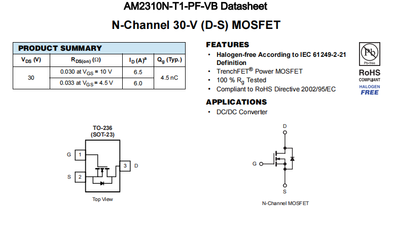 AM2310N-T1-PF-VB一种N—Channel沟道SOT23封装MOS管