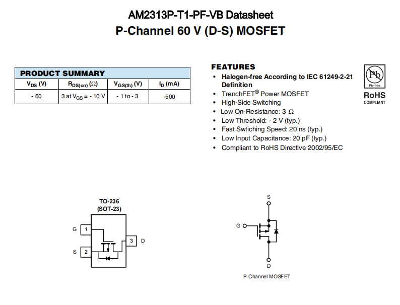 AM2313P-T1-PF-VB一种P—Channel沟道SOT23封装MOS管