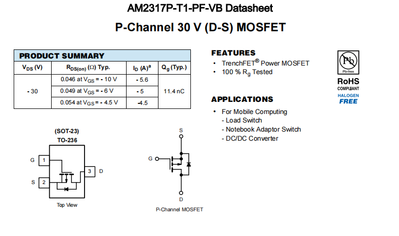 AM2317P-T1-PF-VB一种P—Channel沟道SOT23封装MOS管