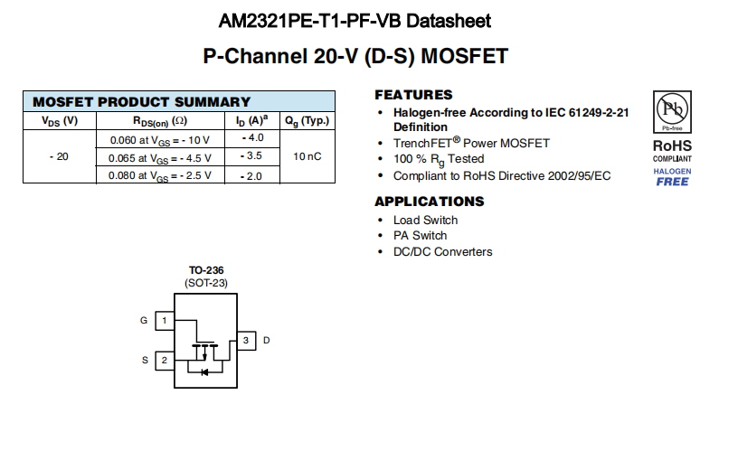 AM2321PE-T1-PF-VB一种P—Channel沟道SOT23封装MOS管