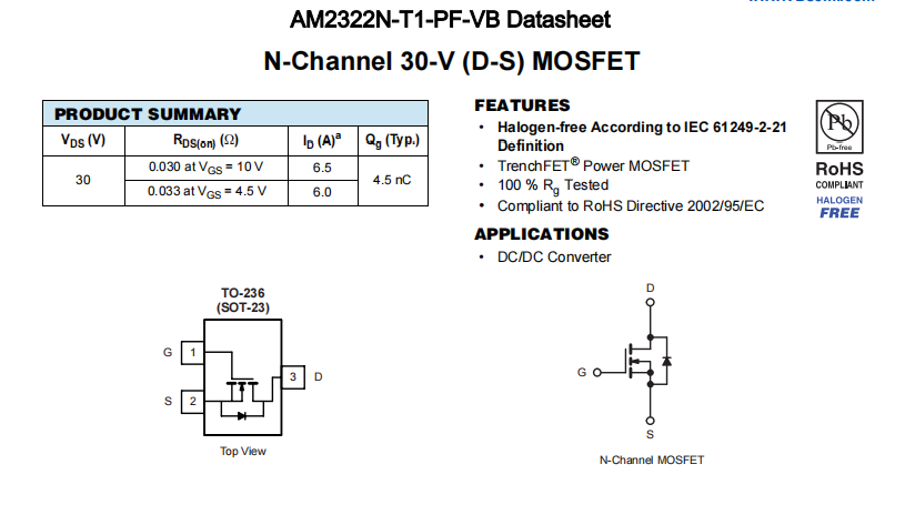 AM2322N-T1-PF-VB一种N—Channel沟道SOT23封装MOS管