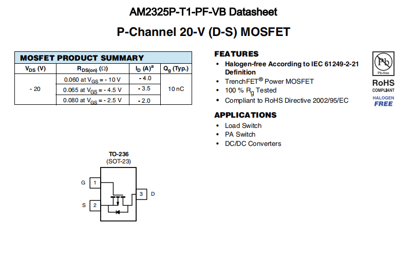 AM2325P-T1-PF-VB一种P—Channel沟道SOT23封装MOS管