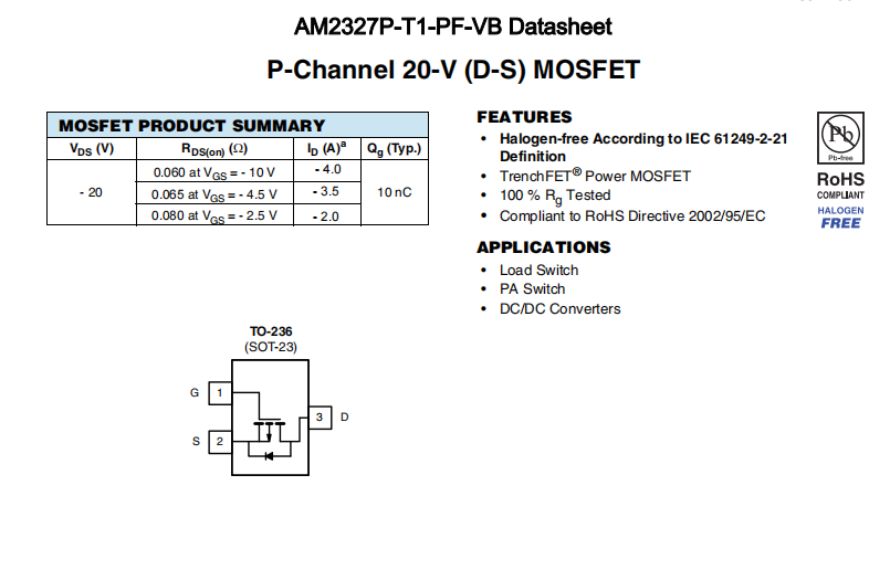 AM2327P-T1-PF-VB一种P—Channel沟道SOT23封装MOS管