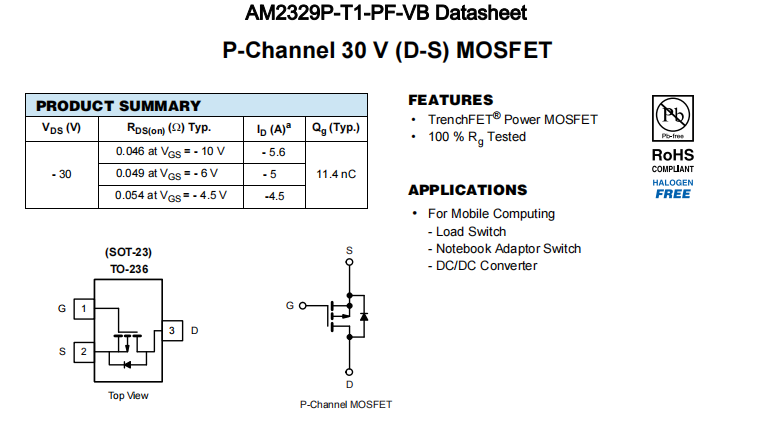 AM2329P-T1-PF-VB一种P—Channel沟道SOT23封装MOS管