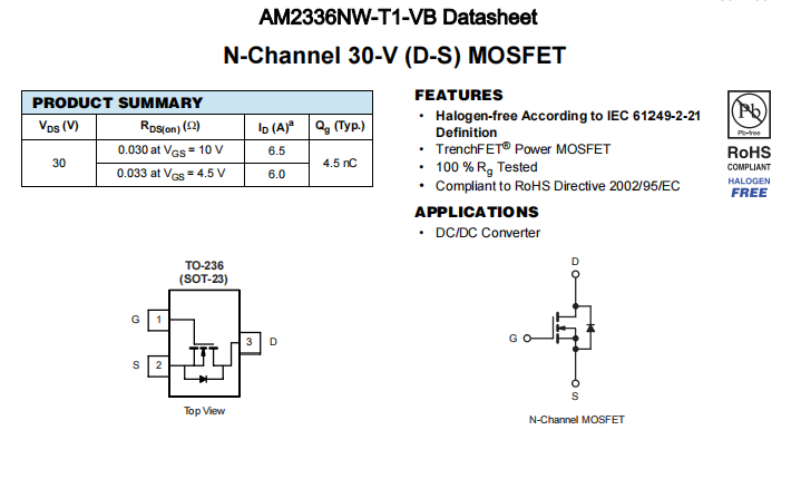 AM2336NW-T1-VB一种N—Channel沟道SOT23封装MOS管