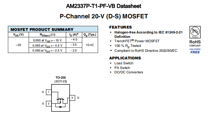 AM2337P-T1-PF-VB一种P—Channel沟道SOT23封装MOS管