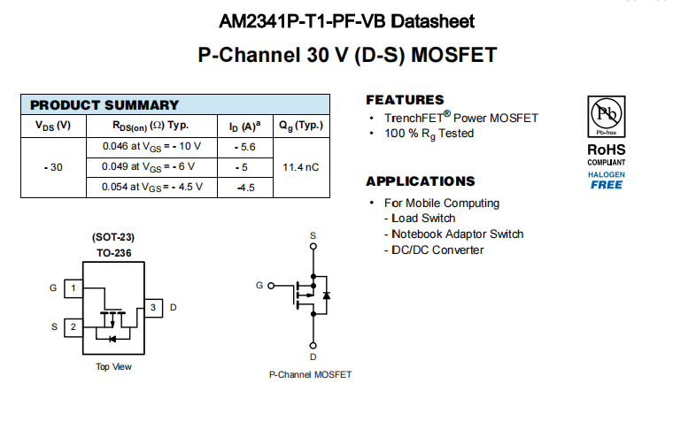 AM2341P-T1-PF-VB一种P—Channel沟道SOT23封装MOS管