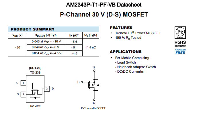 AM2343P-T1-PF-VB一种P—Channel沟道SOT23封装MOS管