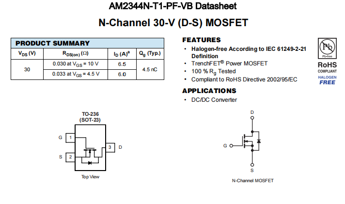 AM2344N-T1-PF-VB一种N—Channel沟道SOT23封装MOS管