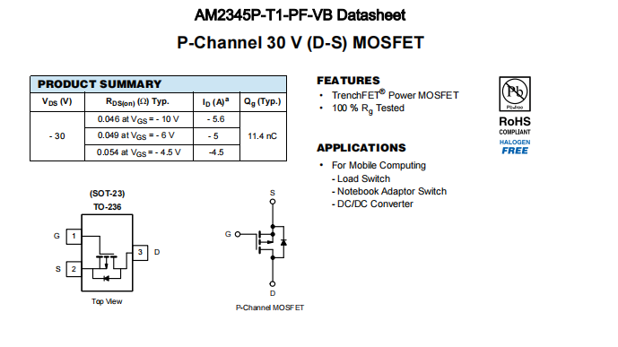 AM2345P-T1-PF-VB一种P—Channel沟道SOT23封装MOS管