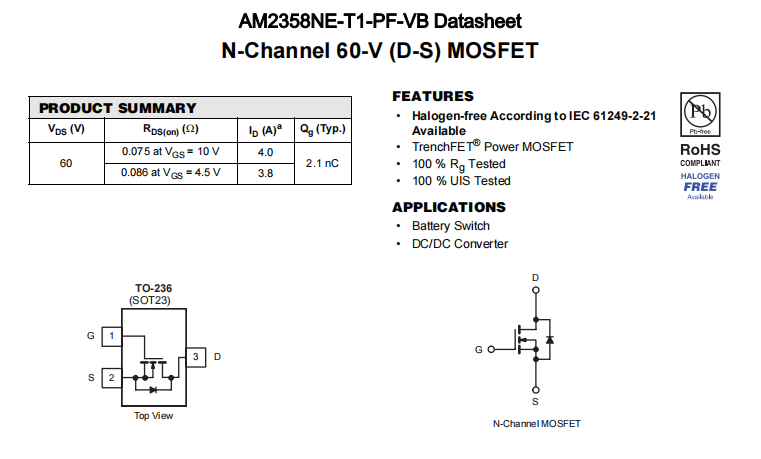 AM2358NE-T1-PF-VB一种N—Channel沟道SOT23封装MOS管