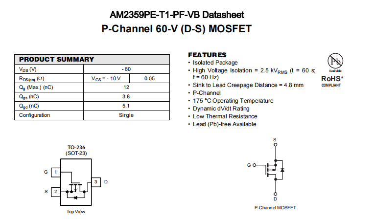 AM2359PE-T1-PF-VB一种P—Channel沟道SOT23封装MOS管