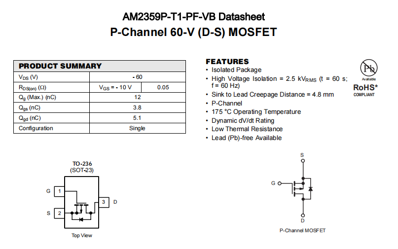 AM2359P-T1-PF-VB一种P—Channel沟道SOT23封装MOS管