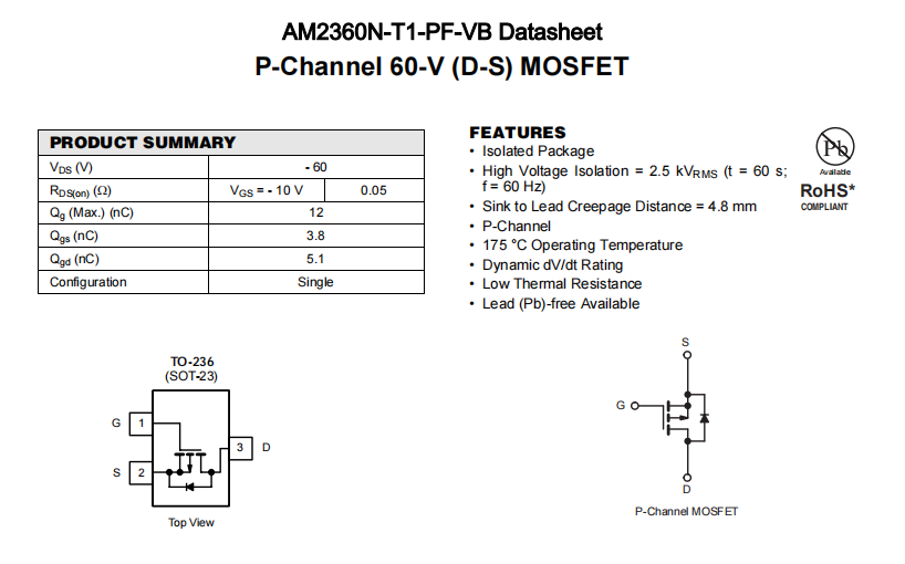 AM2360N-T1-PF-VB一种P—Channel沟道SOT23封装MOS管