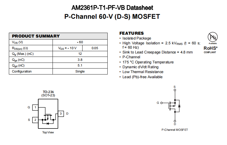 AM2361P-T1-PF-VB一种P—Channel沟道SOT23封装MOS管