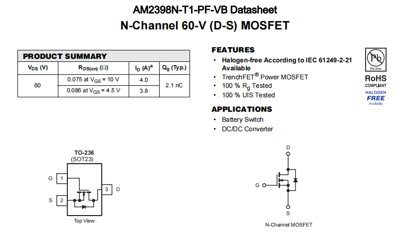 AM2398N-T1-PF-VB一种N—Channel沟道SOT23封装MOS管