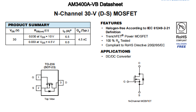 am3400a-VB一种N—Channel沟道SOT23封装MOS管