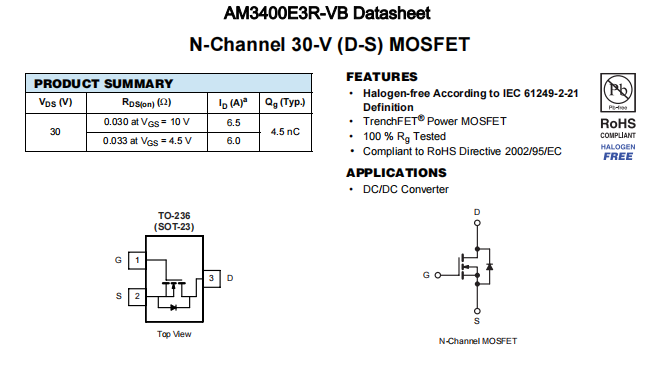 AM3400E3R-VB一种N—Channel沟道SOT23封装MOS管